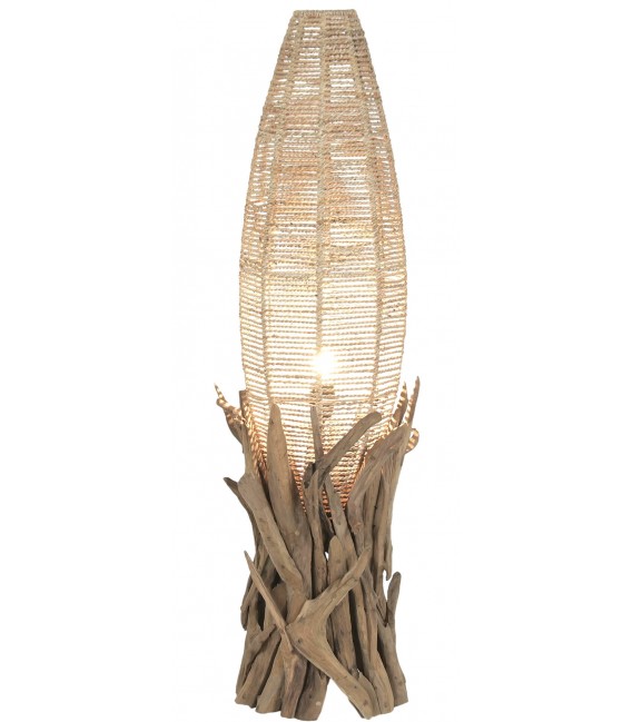 Lámpara de pie baja en raíz de teca y fibra vegetal1