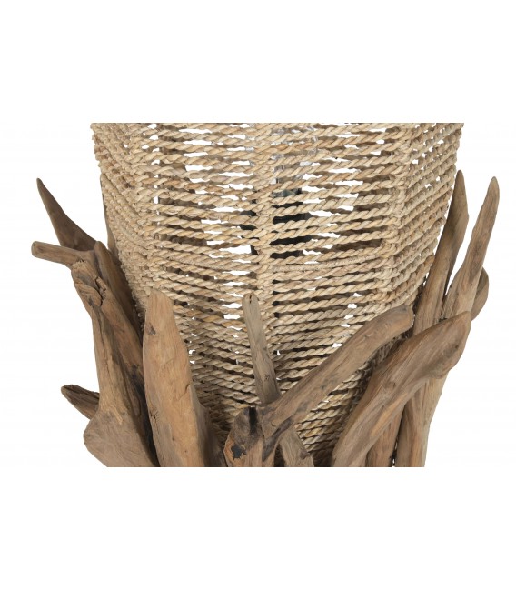Lámpara de pie baja en raíz de teca y fibra vegetal2