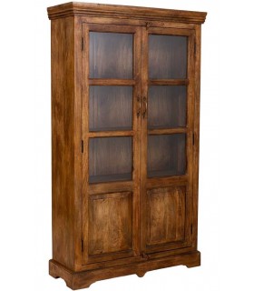 Vitrina de madera maciza de mango color nogal con dos puertas
