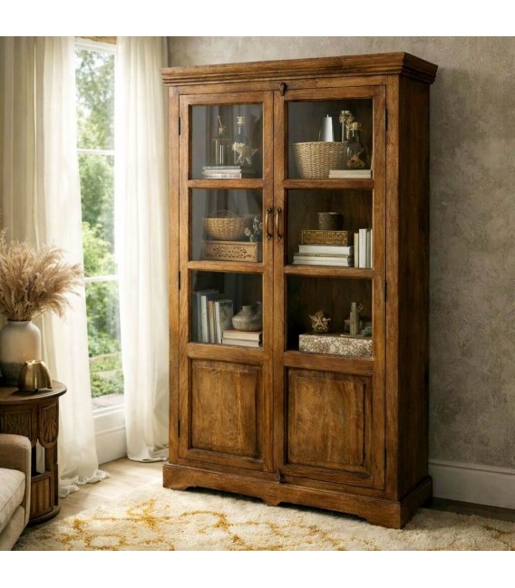 Vitrina de madera maciza de mango color nogal con dos puertas Mdmhogar