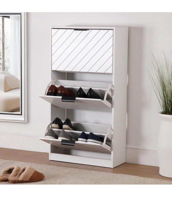 Zapatero de MDF blanco con tres puertas y zapateros dobles altos Mdmhogar