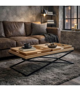 Mesa de centro rectangular de DM natural y metal negro Mdmhogar