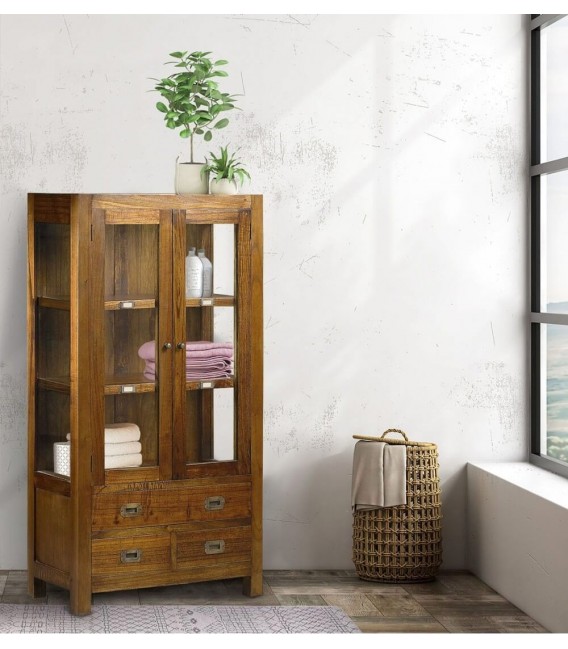 Vitrina baja madera maciza de mindi acabado teca 3 cajones 2 puertas Mdmhogar