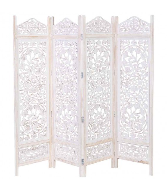 Biombo de madera de mango tallada blanco rozado cuatro hojas 1