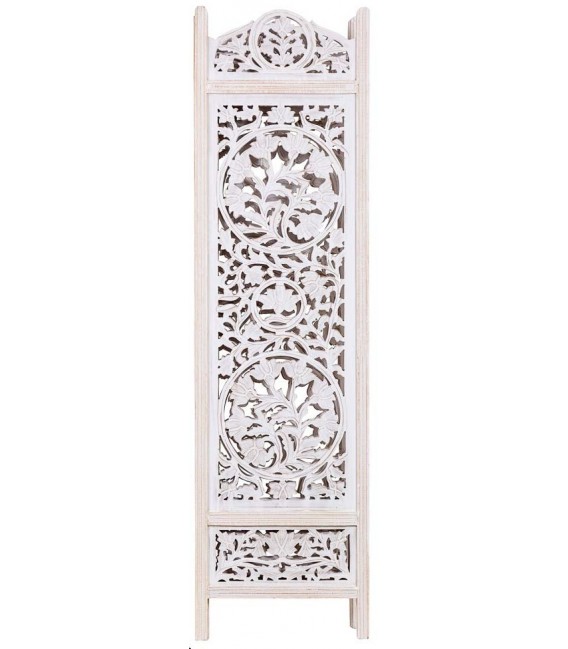 Biombo de madera de mango tallada blanco rozado cuatro hojas 2