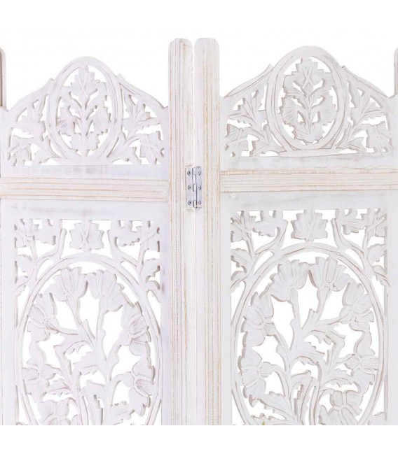 Biombo de madera de mango tallada blanco rozado cuatro hojas 3