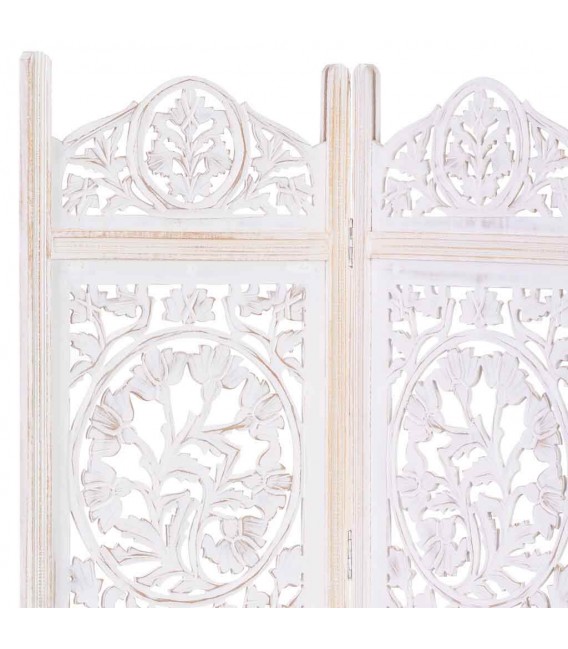 Biombo de madera de mango tallada blanco rozado cuatro hojas 4