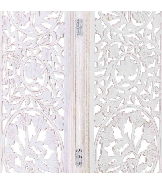 Biombo de madera de mango tallada blanco rozado cuatro hojas 5