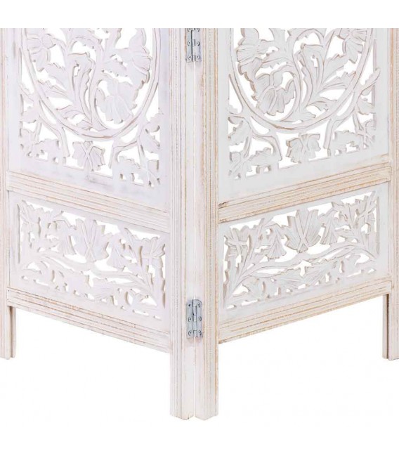 Biombo de madera de mango tallada blanco rozado cuatro hojas 6