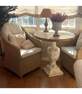 Mesa velador pequeña de madera maciza de abeto con base tallada Mdmhogar