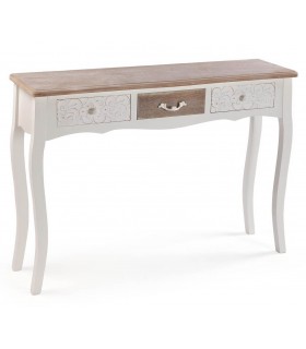 Consola de entrada con tres cajones en madera nogal y blanco