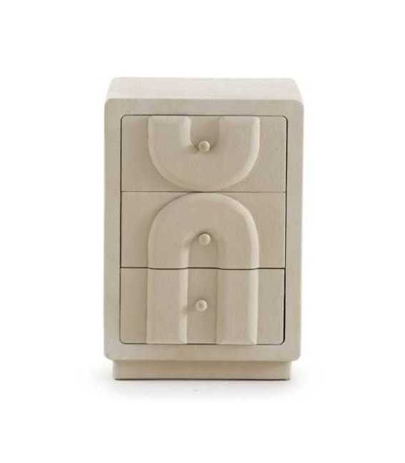 Mesita de noche de poli resina beige efecto yeso texturado 3 cajones 1