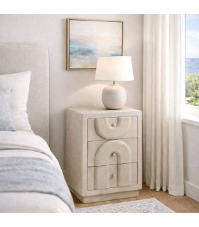 Mesita de noche de poli resina beige efecto yeso texturado 3 cajones Mdmhogar