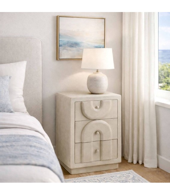 Mesita de noche de poli resina beige efecto yeso texturado 3 cajones Mdmhogar