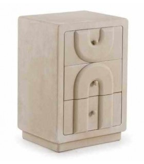 Mesita de noche de poli resina beige efecto yeso texturado 3 cajones