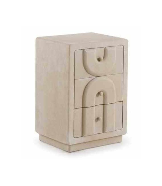 Mesita de noche de poli resina beige efecto yeso texturado 3 cajones