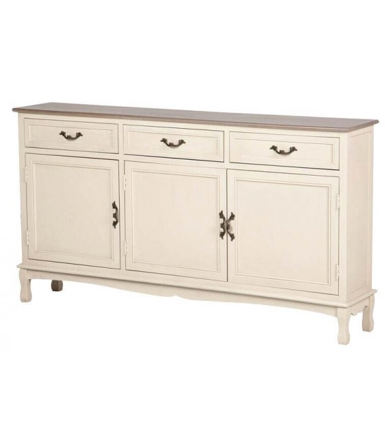 Aparador estrecho de pino con tres puertas y tres cajones beige