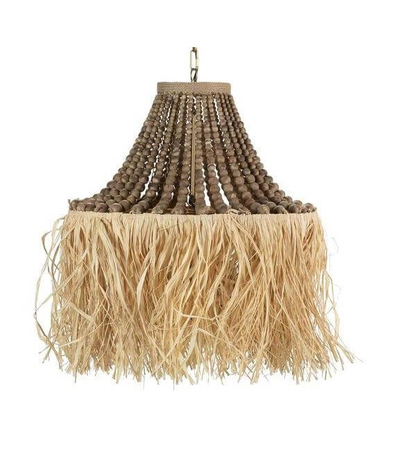 Lámpara de techo con tres luces en madera y fibras naturales