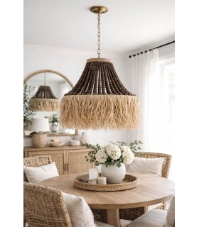 Lámpara de techo con tres luces en madera y fibras naturales Mdmhogar