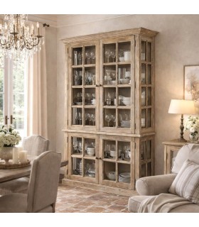 Vitrina XL madera pino reciclado natural cuatro puertas cristal Mdmhogar