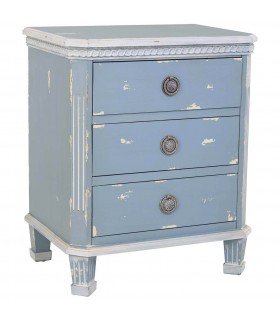 Mesita noche madera abeto decapada azul blanco 3 cajones metal1