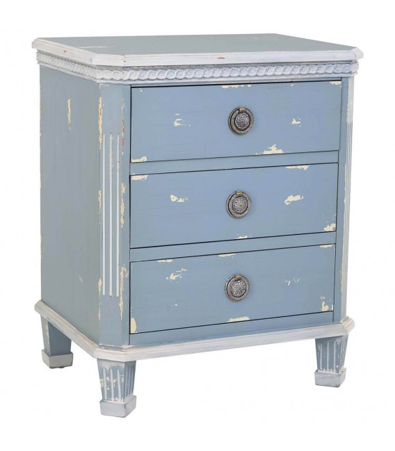 Mesita noche madera abeto decapada azul blanco 3 cajones metal1