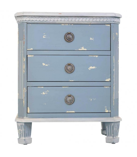 Mesita noche madera abeto decapada azul blanco 3 cajones metal2