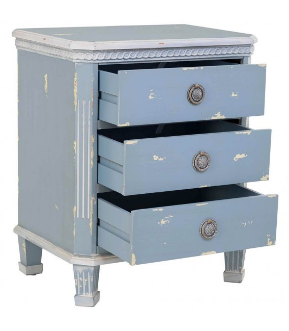 Mesita noche madera abeto decapada azul blanco 3 cajones metal3