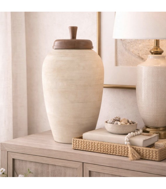 Tibor terracota cruda con tapa de madera natural rústico Mdmhogar