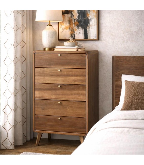 Sinfonier madera acacia nogal con cinco cajones y metal dorado Mdmhogar