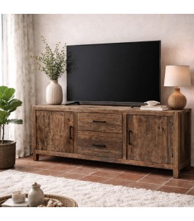 Mueble TV pino reciclado nogal con dos puertas y dos cajones Mdmhogar