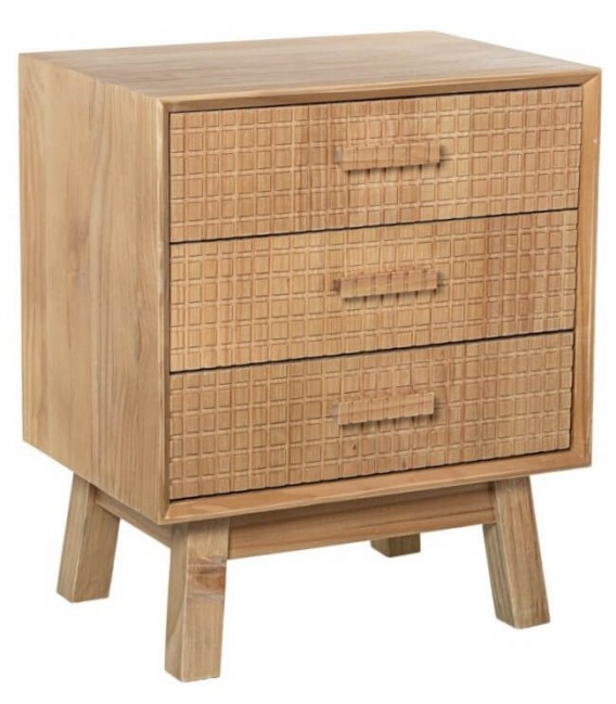 Mesita noche pino natural con tres cajones madera tallada