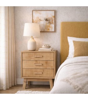 Mesita noche pino natural con tres cajones madera tallada Mdmhogar