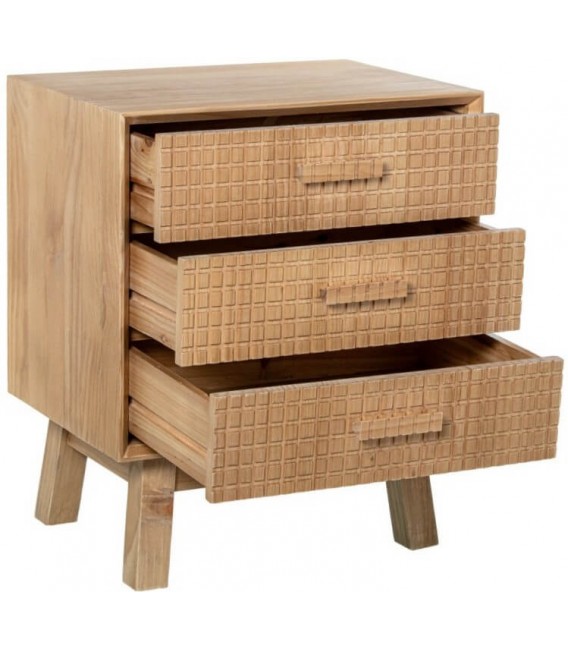 Mesita noche pino natural con tres cajones madera tallada 2