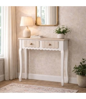 Consola entrada pequeña madera blanqueada y beige con dos cajones Mdmhogar