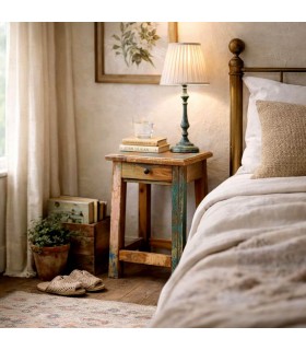 Mesita noche pequeña madera reciclada decapada azul crema Mdmhogar