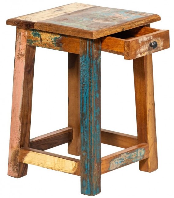 Mesita noche pequeña madera reciclada decapada azul crema