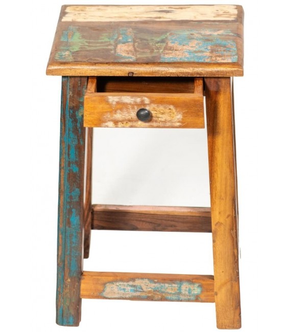 Mesita noche pequeña madera reciclada decapada azul crema 2