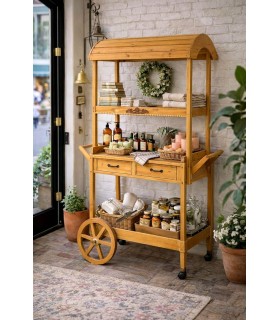 Carro expositor grande madera abeto miel con dos cajones Mdmhogar