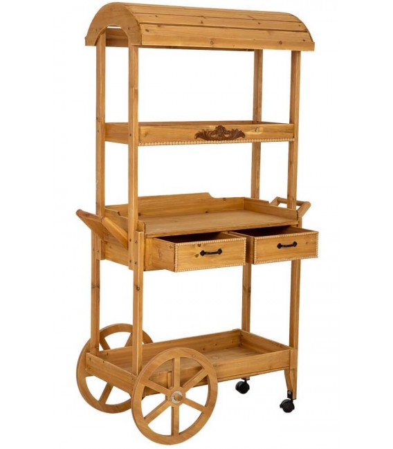 Carro expositor grande madera abeto miel con dos cajones 2