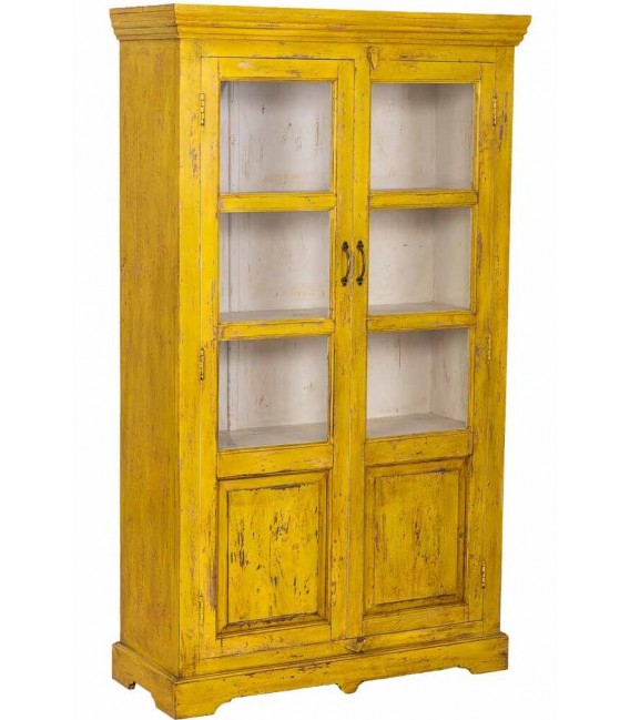 Vitrina madera mango amarilla decapada con dos puertas cristal