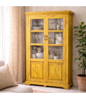 Vitrina madera mango amarilla decapada con dos puertas cristal Mdmhogar