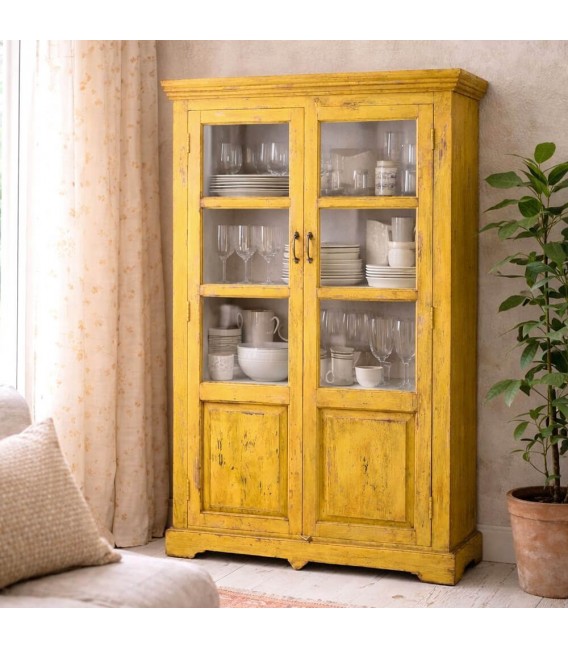 Vitrina madera mango amarilla decapada con dos puertas cristal Mdmhogar