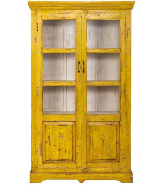 Vitrina madera mango amarilla decapada con dos puertas cristal 1