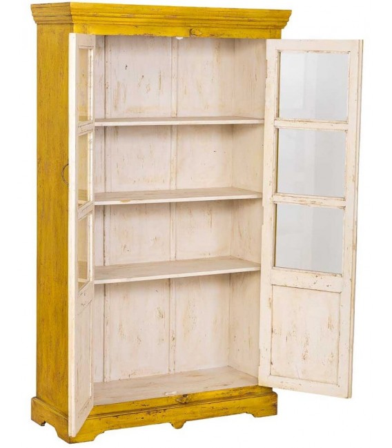 Vitrina madera mango amarilla decapada con dos puertas cristal 2