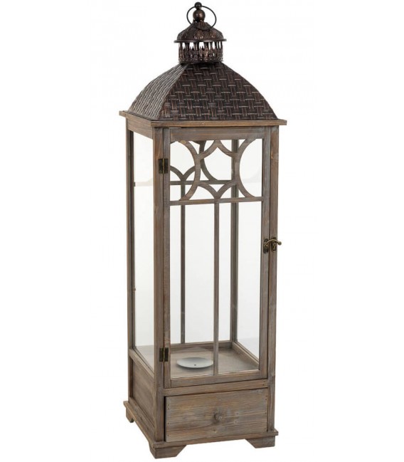 Farol muy alto madera abeto gris con puerta cristal y cajón