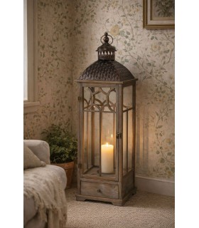 Farol muy alto madera abeto gris con puerta cristal y cajón Mdmhogar