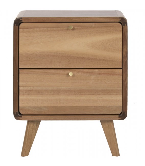 Mesita noche acacia nogal con dos cajones tiradores metal dorado 1