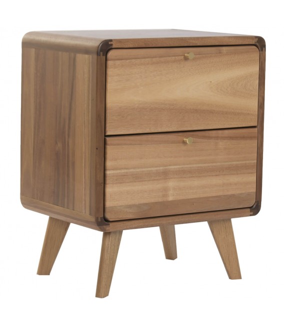 Mesita noche acacia nogal con dos cajones tiradores metal dorado