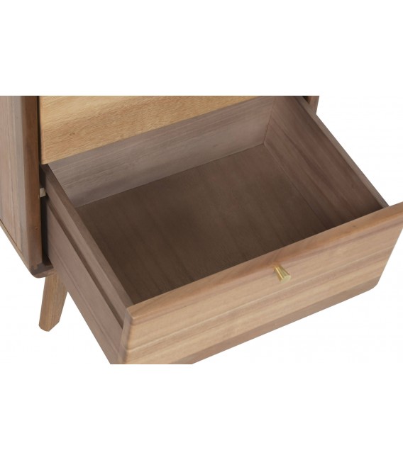 Mesita noche acacia nogal con dos cajones tiradores metal dorado 4